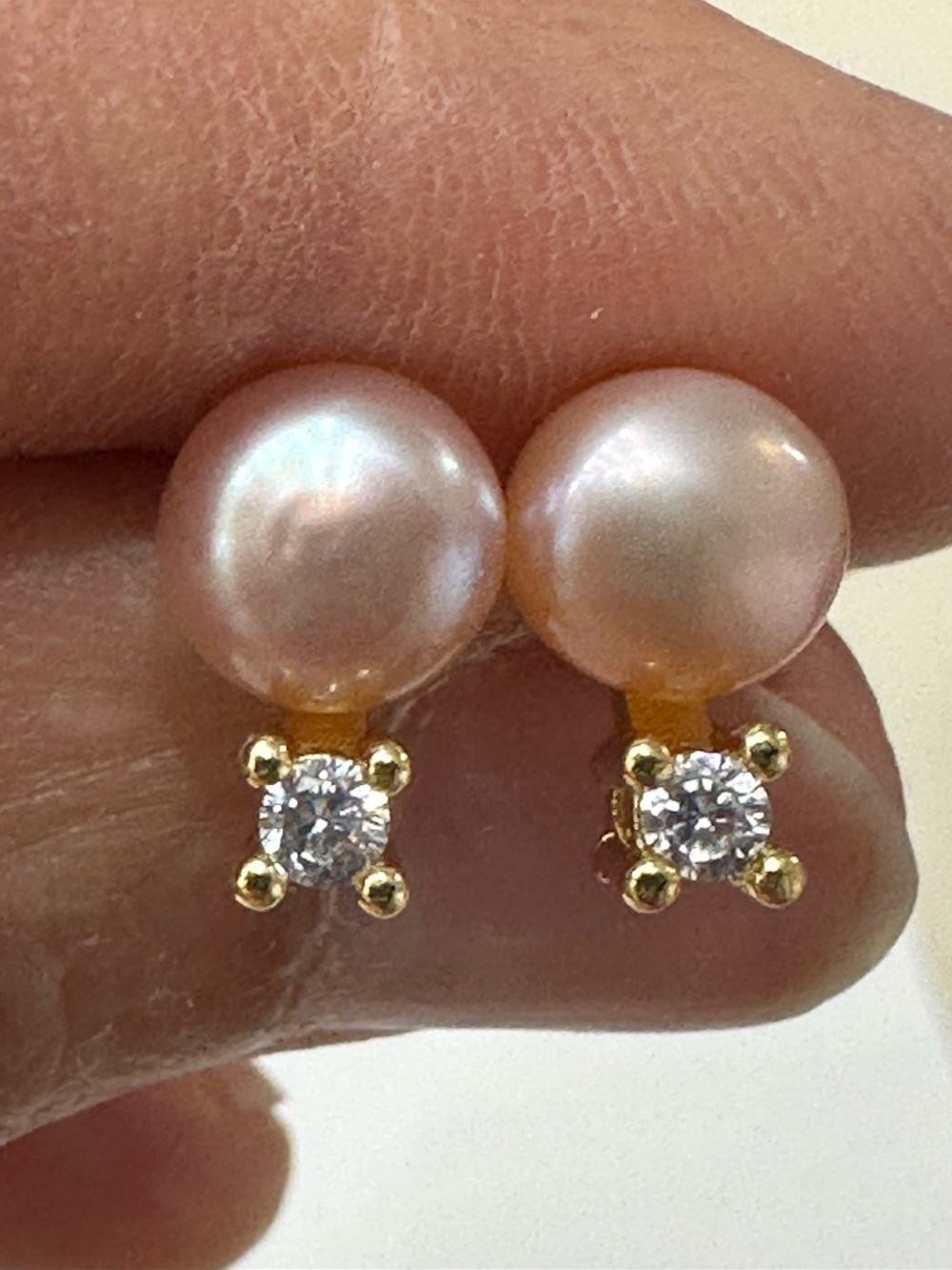 6.8mm NATURAL Purple Cultured Pearls w CZ Accents- 14K Gold Plated Stud Earrings